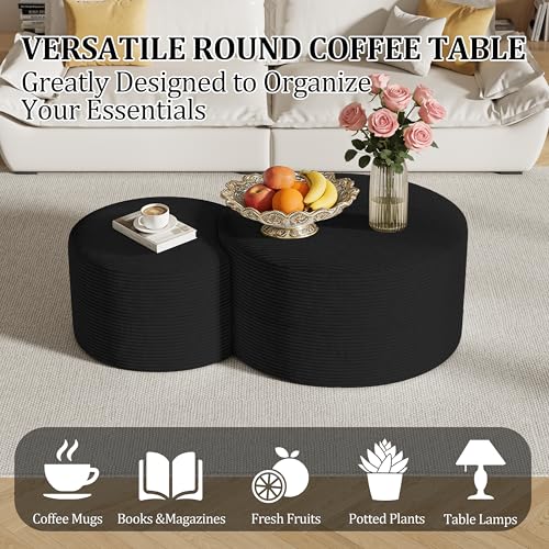 Round Nesting Coffee Table Set of 2,Upholstered Foam Ottoman Footrest Side Table Set,Modern Flannel Circle Coffee Table No Assembly for Living Room Entryway Bedroom,Black - color: Black
