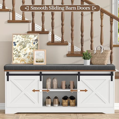 Farmhouse Shoe Storage Bench, Shoe Bench with Slide Barn Doors | 47.2" Entryway Bench with Cushion and Adjustable Shelves, for Bedroom, Closet, Living Room, Hallway, White