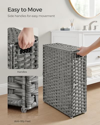 SONGMICS Laundry Hamper with Lid, 14.5 Gal (55 L) Synthetic Rattan,Foldable | Clothes Laundry Basket with Handles, Removable Liner, Dove Gray, ELIOTT Collection ULCB164G01 - color: Dove Gray, size: 55 L