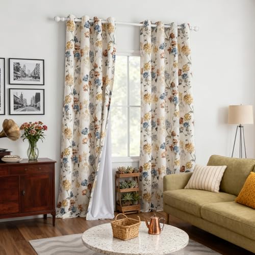 MYSKY HOME Extra Long 100% Blackout Curtains 108 Inches Long 2 Panels for Living Room Bedroom Farmhouse Floral Patterned Double Layer Thermal Insulated Grommet Window Treatments, Yellow, 52" W Each - size: 52"W x 108"L (Pack of 2)