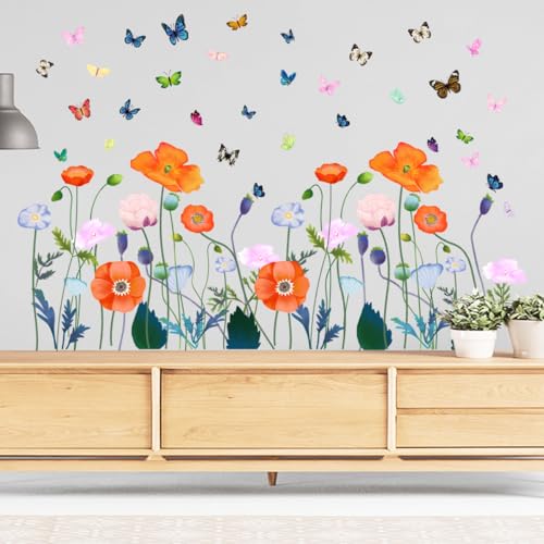 6 Pieces Flowers Wall Decals Vinyl Flowers Wall Stickers Removable Floral Murals Peel and Stick Colorful Flower Decor for Girls Bedroom Living Room Nursery (Orange) - style: Orange