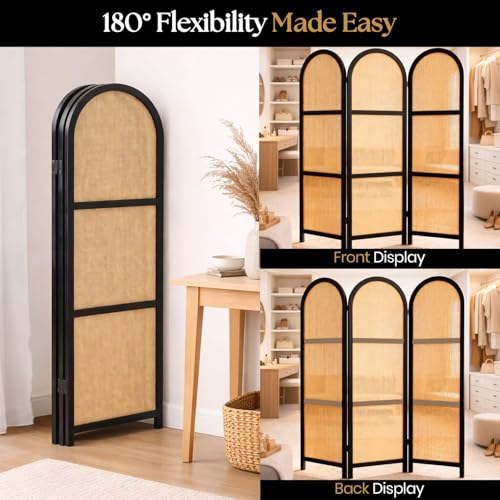 ELK & ELDER 3-Panel Room Divider | Folding Privacy Screen with Arched Dark Wood Frames and Light Woven Panels | Portable Divider for Home,Office, Living Room, Bedroom | 66" H x 56" W |Dark Wood/Beige
