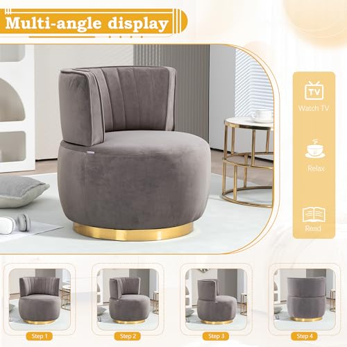 SLEERWAY 360° Swivel Barrel Chair, Modern Velvet Round Accent Chair, Comfy Upholstered Small Armchair with Gold Metal Base for Living Room Bedroom Nursery Office Sillas para Sala, Gray - color: Grey