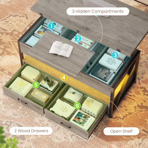 Itaar 40" Lift Top Coffee Table with 2 Drawers Storage for Living Room | Grey 4 in 1 Expandable Coffee Table with 2 Drawers & LED Light & Hidden Compartmen for Dining Living Room Table - color: Grey