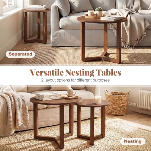 GIANTEX Round Nesting Coffee Table Set of 2, Wood End Tables, Walnut | Thickened Top & Solid Rubber Wood Legs, Farmhouse Sofa Side Table for Small Spaces Living Room Bedroom - color: Walnut