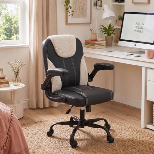 Comfortable Home Office Chair for Long Hours Sitting, Ergonomic Desk Chair with Teddy Fleece & PU Leather, Adjustable Swivel Computer Chair for Work from Home, Bedroom and Vanity Space, Panda - color: Two-tone Black White
