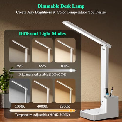 LED Desk Lamp USB A/C AC Pen Holder Dorm Home Office Desk Light White | Adjustable LED Desk Light with USB A/C, AC Outlet, Pen Holder; Small Desk Lamp for Dorm, Study, Craft & Home Office - color: White