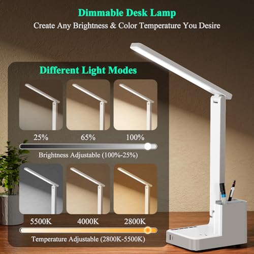 LED Desk Lamp USB A/C AC Pen Holder Dorm Home Office Desk Light White | Adjustable LED Desk Light with USB A/C, AC Outlet, Pen Holder; Small Desk Lamp for Dorm, Study, Craft & Home Office - color: White