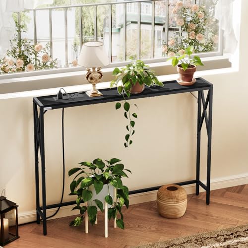MAHANCRIS 5.9" Narrow Sofa Table with Charging Station, 39.4 Behind Couch Table with Outlet, Slim Entryway Console Table, Small Space, for Hallway, Living Room, Foyer, Black CTHB151E01 - color: Black