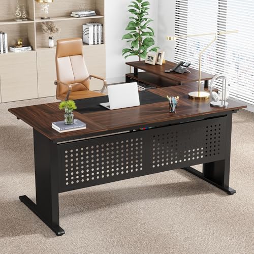 Tribesigns 63 Inch Executive Desk with File Cabinet, L Shaped Office Desk | Large Office Desk with File Drawer, L Shaped Desk with Storage Shelf, Business Furniture for Home Office, Dark Walnut - color: Black and Dark Walnut