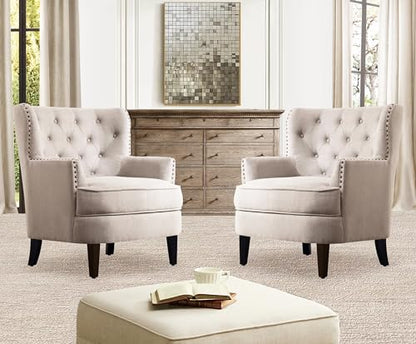 Rosevera Set of 2 Velvet Upholstered Club Chair 34.5”H, Barrel Chair, Wingback Tufted Button Armchair, Contemporary Nailhead Accent Chair for Living Room, Bedroom, Recreation, Entryway, Small Space - color: Beige Set of 2
