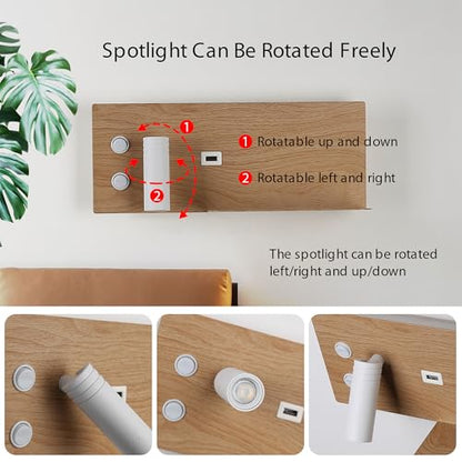 Modern LED Plug in Wall Sconce, Wall Light with Shelf and USB Charging Port, Rotatable Reading Spotlight & Soft Backlight, Plug-in or Hardwired Wall Lamp for Bedroom Bedside, Light Wood Grain Finish - size: 2-light Left Switch White