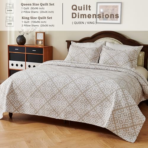 EVENHUG 100% Cotton Quilt Set Queen Size Bedding Sets with Pillow Shams Breathable Lightweight Bedspreads Coverlet for All Season 3 Piece (92"x96") - color: Beige Damask, size: Queen