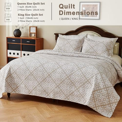 EVENHUG 100% Cotton Quilt Set Queen Size Bedding Sets with Pillow Shams Breathable Lightweight Bedspreads Coverlet for All Season 3 Piece (92"x96") - color: Beige Damask, size: Queen