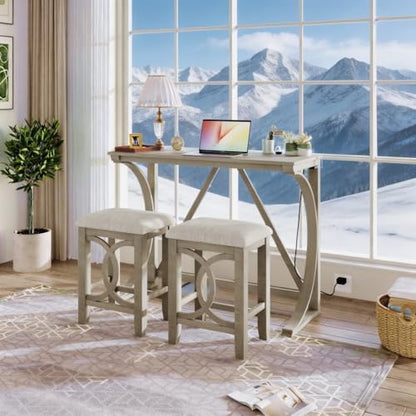 RuiSiSi 3 Piece Counter Height Dining Set, Farmhouse Kitchen Table Set with USB Port and 2 Upholstered Stools, Breakfast Nook Set for Kitchen, Dining Room, Living Room, Milky White - color: Milky White
