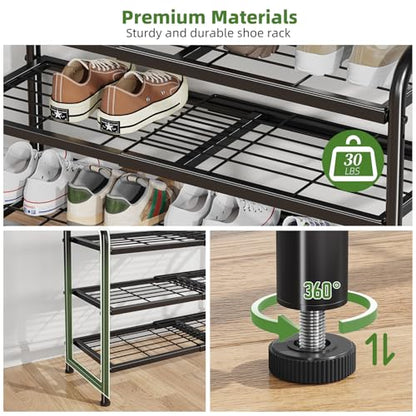 Simple Trending 3-Tier Expandable Shoe Rack, Adjustable & Stackable Shoe Organizer, Heavy Duty Metal Free Standing Shoe Shelf Storage for Closet Entryway Doorway, Black