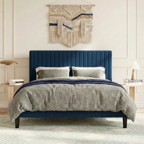 SHA CERLIN Full Upholstered Platform Bed Frame with Vertical Channel Tufted Velvet Fabric Adjustable Headboard, Wooden Slats Support, Mattress Foundation, Box Spring Optional, Blue - color: Blue, size: Full