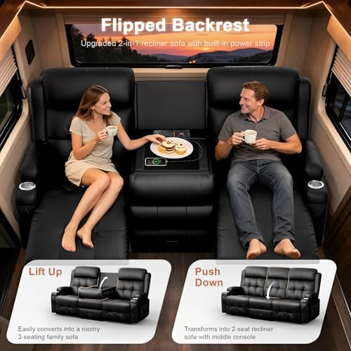 Home Theater Seating, 3 Seat Power Loveseat Recliner Sofa with Heat Massage | Wall Hugger Reclining Loveseat with USB, RV Couch with LED Lights, Flip Backrest, Cup Holders for Movie Theater, Gaming Room - color: Black, size: 78" - 3 Seats
