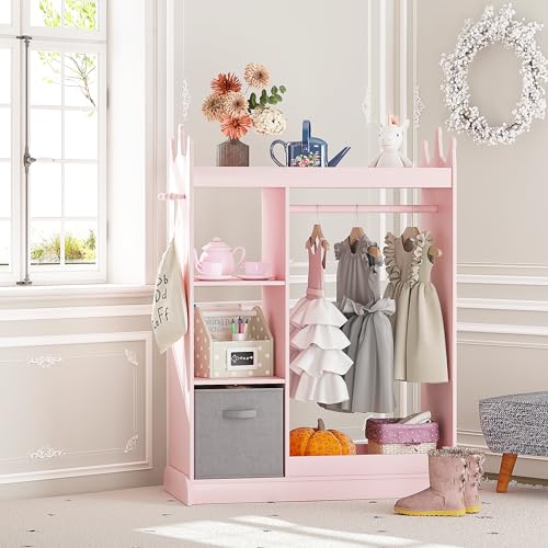 UTEX Kids Armoire Wardrobe Closet with Mirror and Storage Bin, Pink, 33.4 in W x 15.75 in D x 44.5 in H | See and Store Kids Wardrobe, Toddler Dress Up Rack, Open Hanging Armoire Closet, Water-based Paint, Princess Style - color: Pink