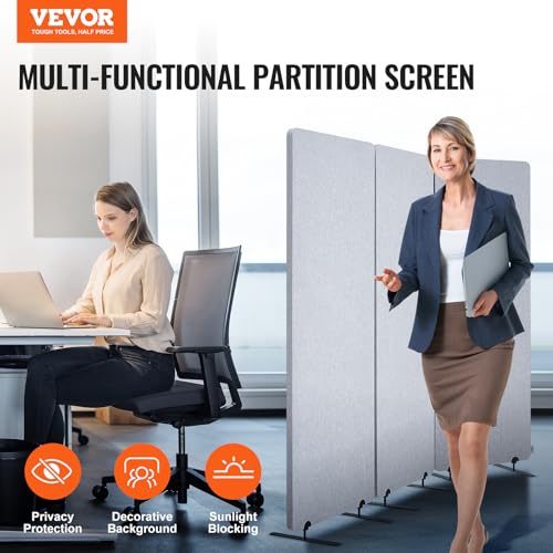VEVOR 2FT Room Divider, 3 Panel PET Polyester Soundproof Room Screen, Folding Privacy Divider Portable Partition Divider for Room Separation, Freestanding Room Partitions for Office Study, Grey