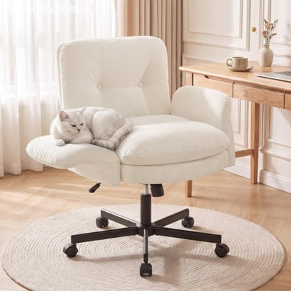 FiveWillowise Cross Legged Office Chair with Flip-up Arms&Low Back,Beige | Criss Cross Chair With Thicken Wide Seat,Lounge Makeup Vanity Chairs with Side Pockets,Comfy Home Office Desk Chair,Chenille - color: Beige