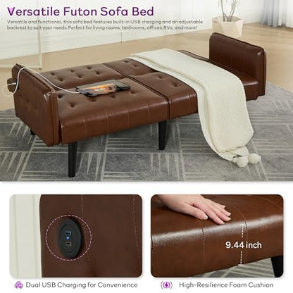 65'' Convertible Futon Sofa Bed with USB, Small Couch for Living Room | Sleeper Sofa and Loveseat, Adjustable Folding Couch with Tufted Design and 2 USB Ports, Bedroom Apartment Office, Brown - color: Brown