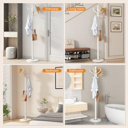 Metal Coat Rack Stand Coat Rack Freestanding with 360° Rotary,White | Modern Coat Rack with 360° Rotary Design Sturdy Heavy Duty Hall Tree Hats Hanger Holder Stand 14 Hooks for Hallway Office - color: White with Rotatable Hooks