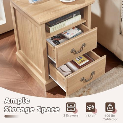 Farmhouse Night Stand with Charging Station, Natural | 2 Drawers End Tables Bedroom, Nightstand with Rustic Handles & Floor-Standing Thickened Foot & Open Shelf - color: Natural, size: 18"D x 18"W x 24"H (2 Drawers)