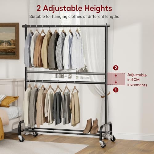SLEEPING LAMB Heavy Duty Clothes Rack with Wheels, Metal Rolling Garment Rack for Hanging Coats, Shirts (Black) - color: Black, style: Double Rod