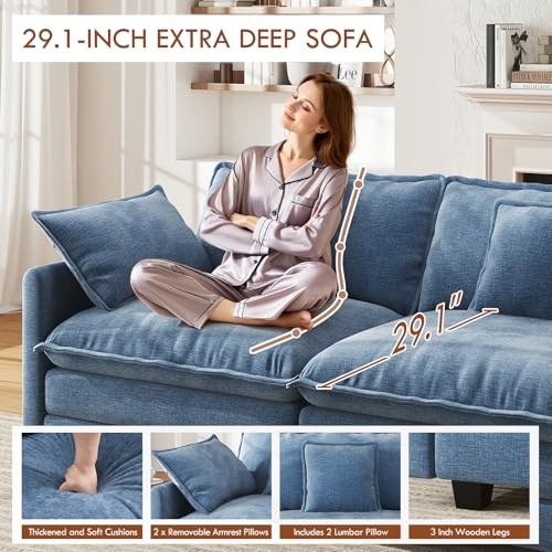 77" Cloud Sofa Loveseat, Comfy Sectional Couch, 2-Seater Chenille Deep Seat Sofa with Throw Pillows for Living Room Bedroom Apartment (Blue) - color: Blue, size: 77" Sofa