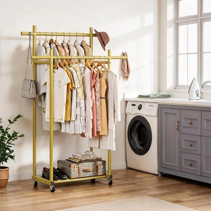 Lutown-Teen Metal Clothes Rack with Lockable Wheels, Double Rods, Gold | Clothing Rack Heavy Duty with Storage Rods, 150 LB Capacity Garment Rack, Easy Assembly - color: Gold, size: Double Rods
