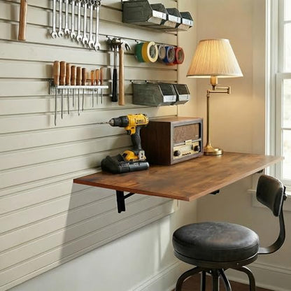 GOYLSER Wall Mounted Folding Table Floating Desk for Dining, Laundry Room, Office, Fold Down Desk with Bracket - color: Rustic Brown, size: 35"x20.5"
