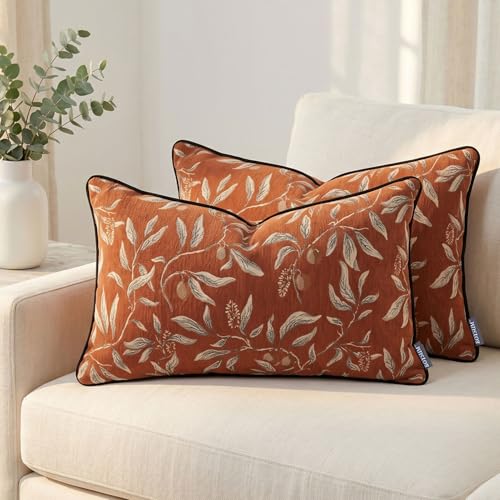 Coffee Floral Pillow Covers 12x20 Inch Set of 2, Cotton Vintage Plant Throw Pillows Decorative Covers Lumbar Farmhouse Accent Neutral Covers for Couch Sofa Bed Living Room - color: Coffee, size: 20" x 12" (Pack of 2)