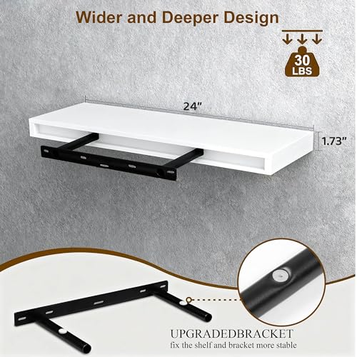 Floating Shelves for Wall(Set of 2)-24 Inch White Wood Wall Shelf with Invisible Brackets for Bathroom,Bedroom,Drawingroom,Kitchen for Decor(White,2pcs) - color: White, size: 7.8"D x 24"W x 1.73"H