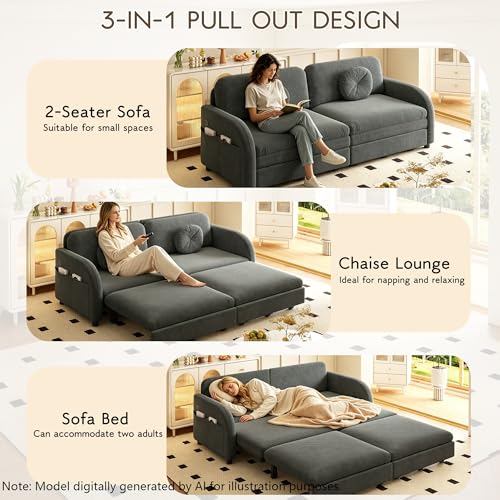 65.4'' Queen Size Sleeper Sofa Bed, 3-in-1 Pull Out Chenille Couch, Grey | Cozy Curved Armrest, Loveseat with USB, 2 Round Pillows, Washable Cover, Pocket, for Living Room, Apartment, Small Spaces, RV - color: Grey, size: 65.4'' Queen