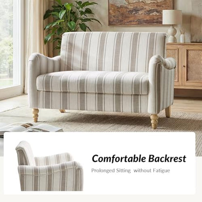HULALA HOME 50.5" Loveseat Sofa with Stripe Pattern, 2 Seater Sofa, Tan | Farmhouse Comfy Upholstered Small Couch, with Solid Wood Spindle Legs and Rolled Wide Armrests, for Living Room Bedroom - color: Tan, size: 2-Seater Loveseat
