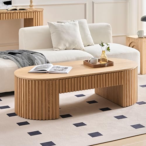 51.18'' Oval Wood Coffee Table with Drawer, Centre Table Tea Table Fluted Coffee Table Mid Century Modern Round Coffee Table Unique for Living Room Apartment-Oak - color: Oak, size: 51.18"x23.62"x14.56"