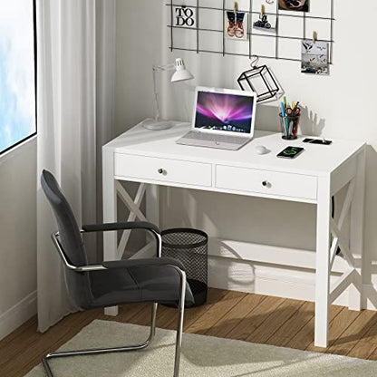 ChooChoo 40 Inches Farmhouse Computer Desk with 2 Drawers & Power Outlets | Wooden Writing Desk, Study Desk for Home Office, Makeup Vanity, White - color: White, size: 40inch with Power Outlet