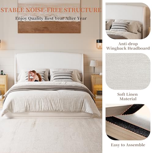 RuiSiSi Queen Size Upholstered Bed with Wingback Headboard, Low Profile Linen Fabric Platform Bed Frame, Strong Wood Slats, No Box Spring Needed, Easy Assembly, Beige - color: Beige