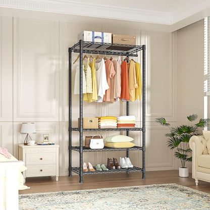 H2 Heavy Duty Clothes Rack, Freestanding 4 Tiers Garment Rack for Hanging Clothes with Shelves and Hangers, Closet Organizers and Storage Metal Closet Wardrobe System, Max Load 500 LBS, Black | Metal Closet System for Hanging Clothes with Shelves and Hang