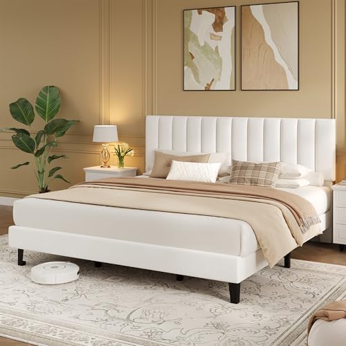 Garvee King Size Platform Bed Frame with Upholstered Headboard, White | Fully Velvet Upholstered Mattress Foundation with Height Adjustable Headboard, No Box Spring Needed, Easy Assembly - color: White, size: King