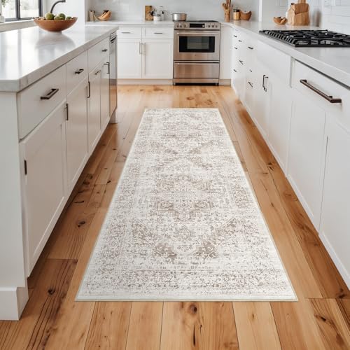 2x5 Washable Runner Rug: Vintage Medallion Kitchen Soft Rugs IvoryBeige | Non Slip Pet Friendly Water Resistant Low Pile Design Easy Clean Durable for Entryway Hallway and Indoor High Traffic Areas - color: Ivory/Beige, size: 2x5