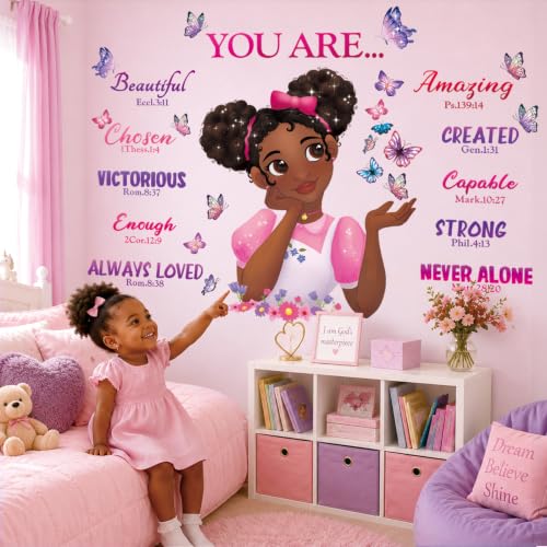 DECOWALL Black Girl Bible Verse Butterfly Wall Stickers Decals (SG2-2315) | Peel and stick, removable African American girl decor with affirmations, flowers and faith quotes for kids bedroom or nursery