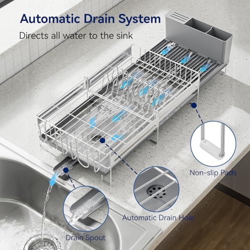 Stainless Steel Dish Drying Rack - Expandable Dish Racks for Kitchen Counter Organizer with Drain Board, Detachable Utensil & Cup Holder, Dish Drainer for Small Kitchen Counter, Grey - color: Gray
