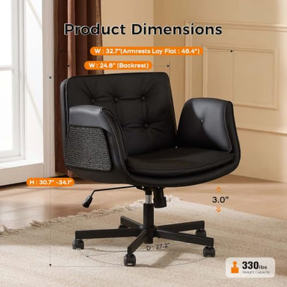 amseatec Criss Cross Office Chair, Swivel Makeup Vanity Chair with Wheels | Wide PU seat for cross-legged, fidget-friendly sitting; 5-level armrests create pet space; wipe-clean; cat scratch pad option - color: Black Linen