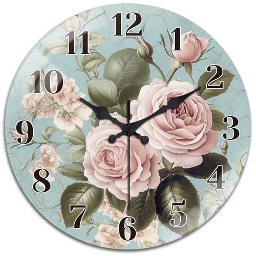 Roses Wall Clocks Battery Operated, 12" Round Clock | Non Ticking Decorative Clock, Ocean Pattern Glass Design for Living Room, Kitchen, Bedroom & Bathroom Decor - style: Roses