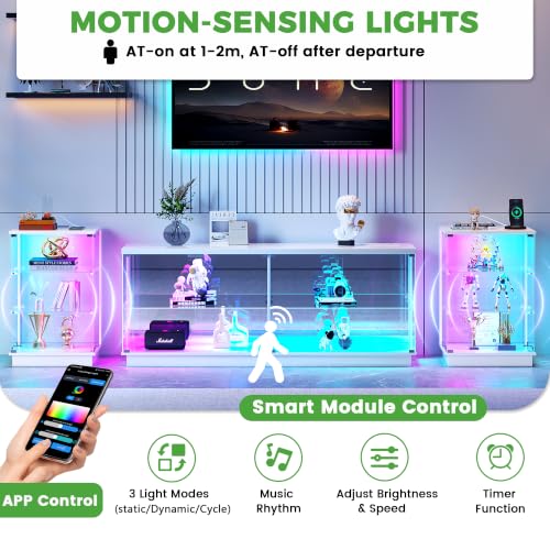 HNEBC LED Nightstand with USB-C Charging Station&Lights for Bedroom-Black | Curio china Cabinet, Motion Sensor Smart Glass RGB Side Table with App Control, Charging Station Tempered Glass Collectiblem - color: 91174-black