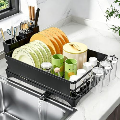 Simple Trending Dish Drying Rack for Kitchen Counter, 12" D x 16" W, Black | Stainless Steel Dish Rack for Kitchen Counter, Dish Drainer with Cutlery & Cup Holders, Anti-Rust, Counter Space Saving - size: 11.7"D x 16.5"W x 6"H