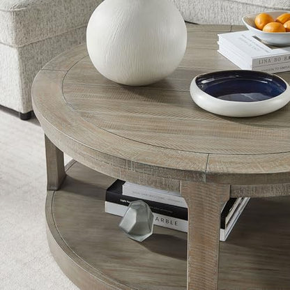 40" Round Wood Coffee Table, 2 Tier Modern Center Table with Roller Wheels,Solid Wood+MDF, Easy Assembly, Accent Table for Living Room, Apartment, Small Space. (Light Brown) - color: Light Brown