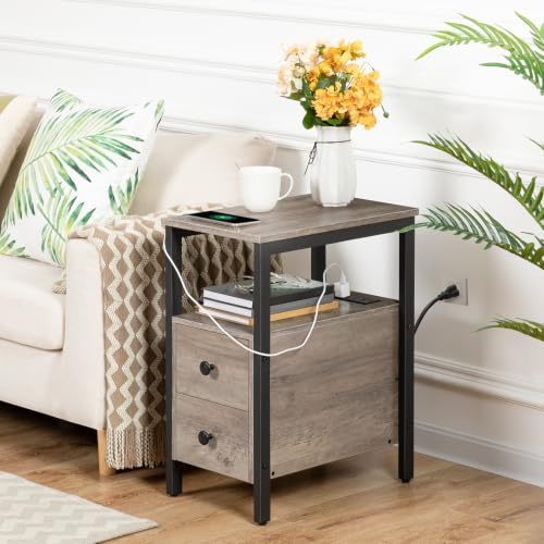 HOOBRO End Table with Charging Station, Narrow Side Table with 2 Drawers & USB Ports & Power Outlets, Nightstand for Small Spaces, Bedroom, Living Room, Stable and Sturdy, Greige and Black BG541BZ01 - color: Greige + Black